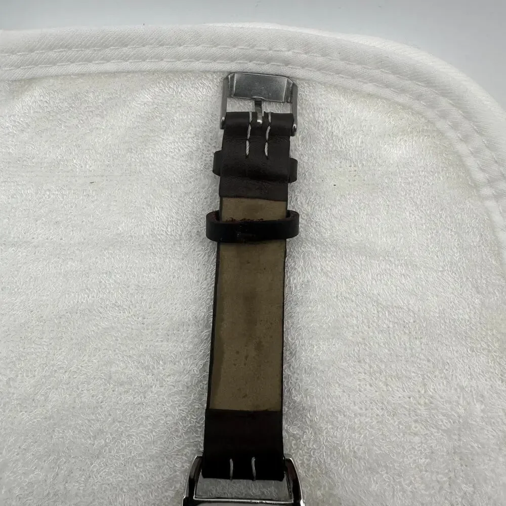 Avenue 9 Quartz Tank Watch Silver Dial Square Case Studded Brown Leather Strap